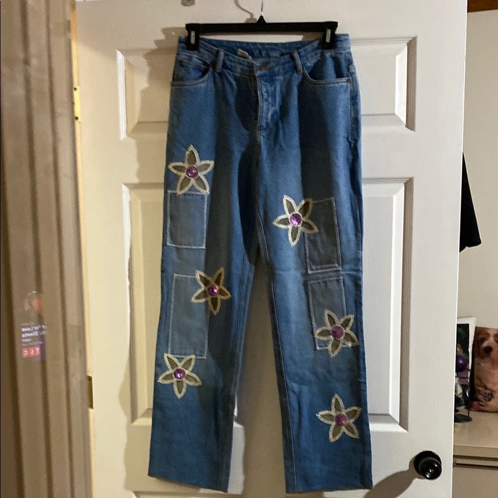 Pink Straight Leg Jeans with Star Accents